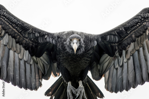Dominant Black Vulture Soaring Directly Towards Camera on White Background photo
