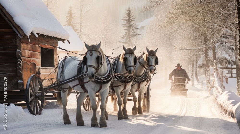 horse drawn sledge in winter in small, AI generated - obrazy, fototapety, plakaty 