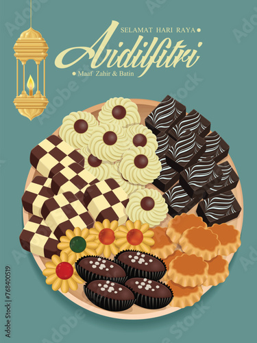 Hari Raya Aidilfitri background design with Kuih Raya. Malay means Fasting day celebration, I seek forgiveness, physically and spiritually.