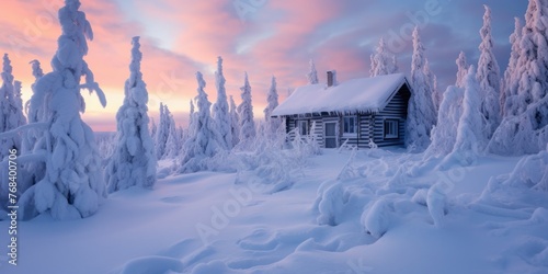 small cabin is covered in snow during the winter © Tomi adi kartika