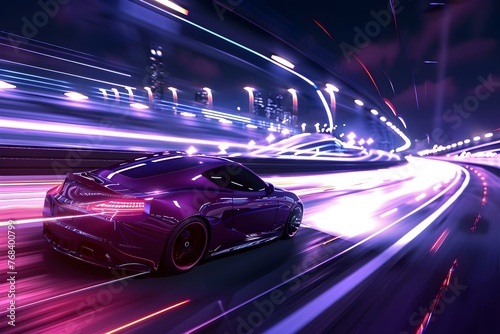 Drifting a D Car at High Speed on a Night Highway in a Racing Simulator Game. Concept Night Driving, High-Speed Racing, Drifting Techniques, Simulator Gaming, Virtual Car Control
