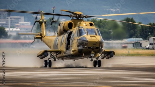 IAR-330 Puma military helicopter Air Forceslaunches thermal traps on the Aurel Vlaicu airport in Bucharest during an air show. photo