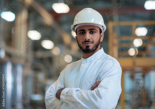 An Arab worker in a white uniform and helmet standing with his arms crossed in a factory hall