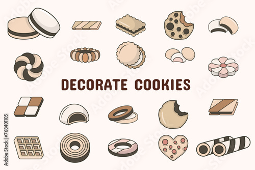 Decorate Cookies Lineal Color Vector Illustration Icon Sticker Set Design Materials