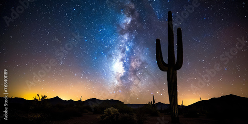 A breathtaking view of the Milky Way stretching over a desert landscape with a distinct cactus standing tall photo