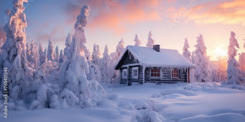 small cabin is covered in snow during the winter © Tomi adi kartika