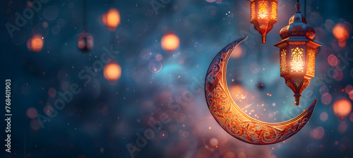 Ramadan Islamic greeting card with crescent moon decoration and lanterns, copy space area banner