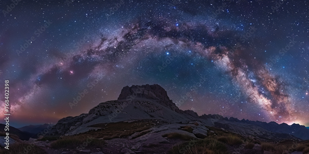 A breathtaking panoramic view of the Milky Way galaxy stretching across rugged mountain peaks