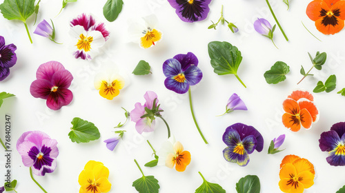 Top view of a vibrant collection of viola pansy flowers and leaves on a white background