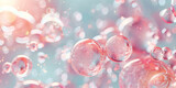 Pink soap bubbles float background 