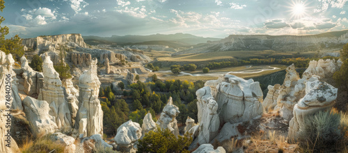 A panoramic photo of an incredible alien landscape, with tall white rock formations and lush greenery