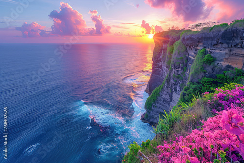 Uluwlegen in Bali, Sunset over the ocean with purple flowers on cliffs overlooking the sea view and pink clouds in the sky. Created with Ais photo