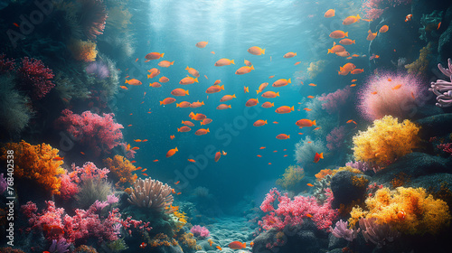 There are various fish swimming in the ocean and coral reefs all around.  © chonlada