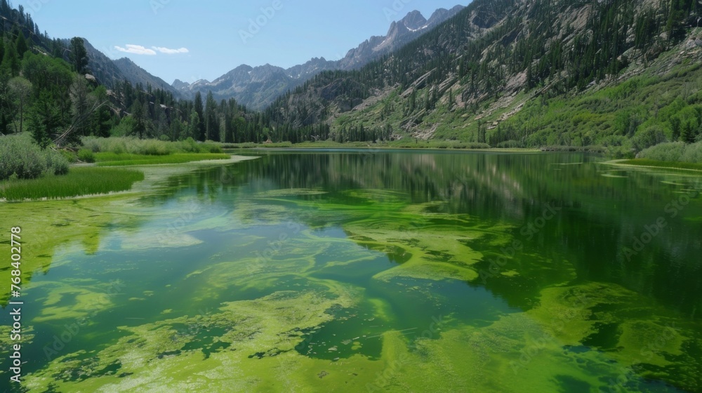 The onceclear waters of a mountain lake have turned a sickly shade of green as an infestation of toxic algae takes hold. The onceclear waters of a mountain lake have turned a sickly shade of green as an infestation of toxic algae takes hold.