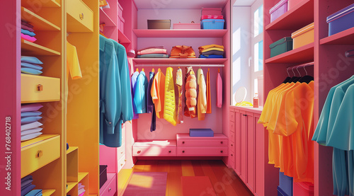 Colorful fashion wardrobe filled with various stylish clothes photo