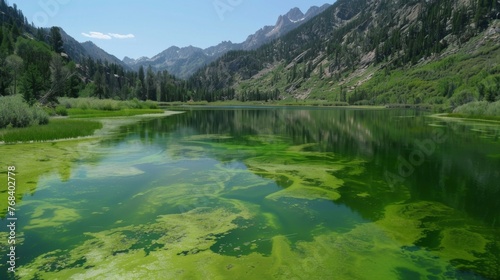 The onceclear waters of a mountain lake have turned a sickly shade of green as an infestation of toxic algae takes hold. © Justlight