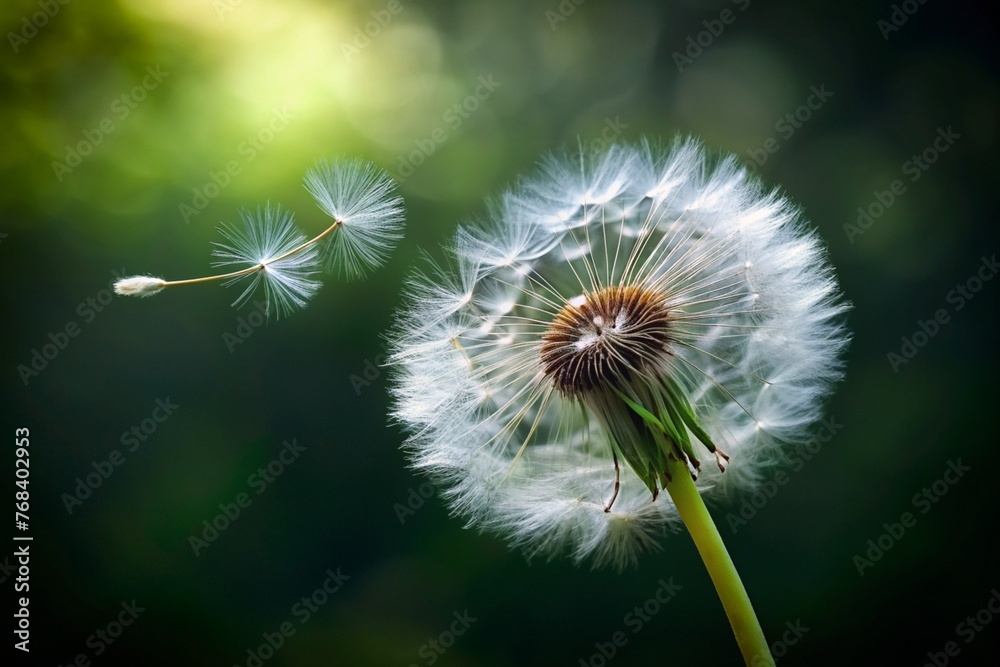 Fototapeta premium Dandelion seeds blowing from stem in the wind, close-up