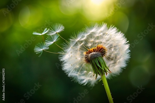 Dandelion seeds blowing from stem in the wind, close-up