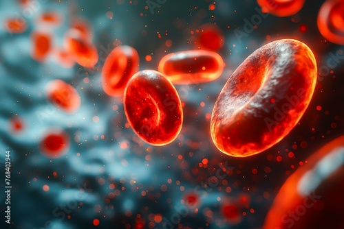 A close up of red blood cells with a blurry background. Concept of motion and energy, as the red blood cells are in motion and appear to be in a state of flux