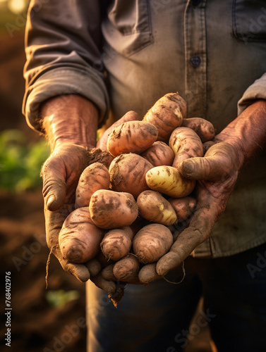 A farmers man's hands picking a potatoes on a farmers market 