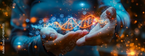A person is holding a DNA strand in their hand. Concept of wonder and fascination with the complexity of life and the role that DNA plays in it photo