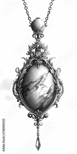 Four Anciant Pendant with a raw marble stone, fantasy, black and white drawing, blank background, for book ilustration photo