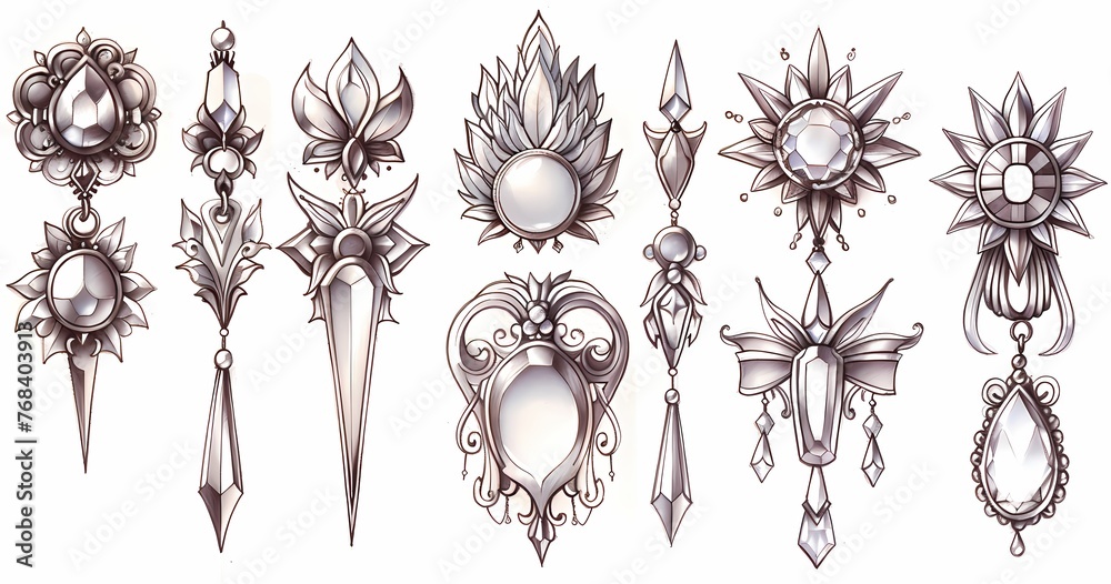 A set of simple and elegant brooch sketches, using simplified line style. The design of each brooch should be concise and clear, avoiding excessive decoration A set of simple and elegant brooch sketches, using simplified line style. The design of each brooch should be concise and clear, avoiding excessive decoration