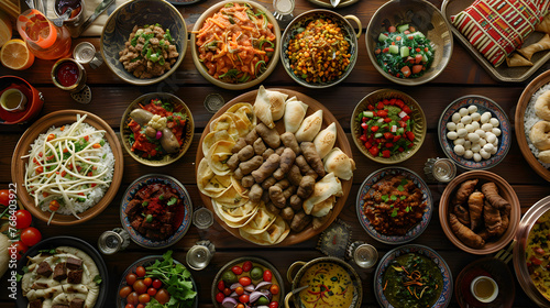 Top view of iftar or suhoor served in Ramadan, a traditional Muslim feast during the holy month, featuring various dishes and drinks