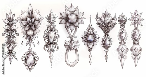A set of simple and elegant brooch sketches, using simplified line style. The design of each brooch should be concise and clear, avoiding excessive decoration photo