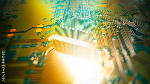 Circuit board background. Electronic circuit board texture. Computer technology, digital chip, electronic pattern. Tech texture. Technology system with digital data. photo