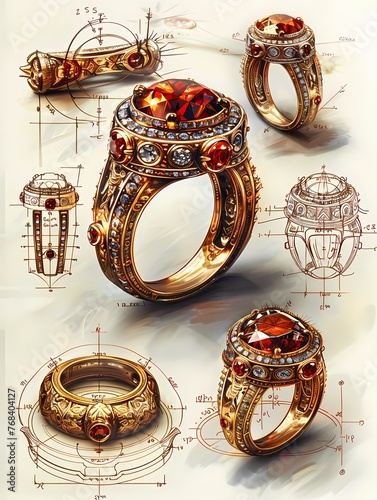 Jewelry  style design, ring design, graphic design, marker hand drawing, product design, drawing manuscript, product structure analysis, three views, epic detail
