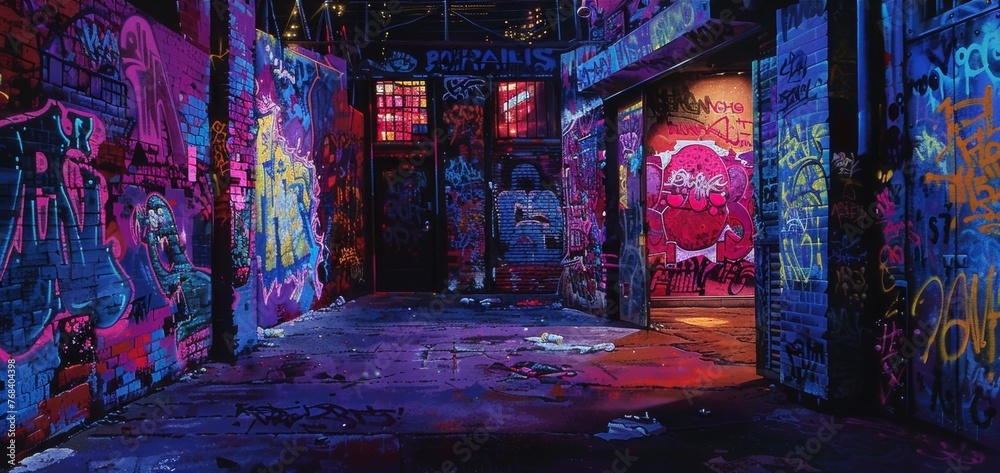 Fototapeta premium Under the cover of darkness the urban landscape transforms into a canvas for bold graffiti its colors amplified by the glowing streetlights. The once dreary alleyways now