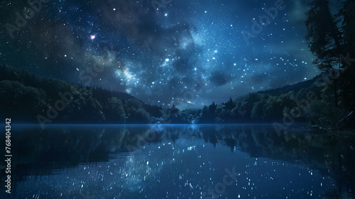 Ethereal scene with a star-filled night sky reflecting over a calm, mirror-like mountain lake in a forest setting © road to millionaire