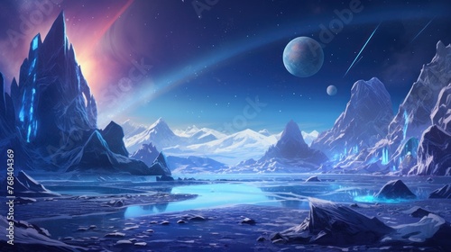  Illustrate an icy and alien planet with towering ice spires, frozen lakes, and an alien sky filled with unfamiliar constellations game art