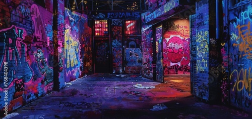 Under the cover of darkness the urban landscape transforms into a canvas for bold graffiti its colors amplified by the glowing streetlights. The once dreary alleyways now © Justlight