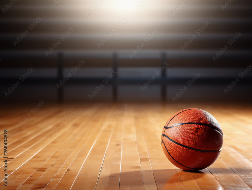 Basketball ball on the court with a hall background with space for text Basketball ball on the court with a hall background with space for text