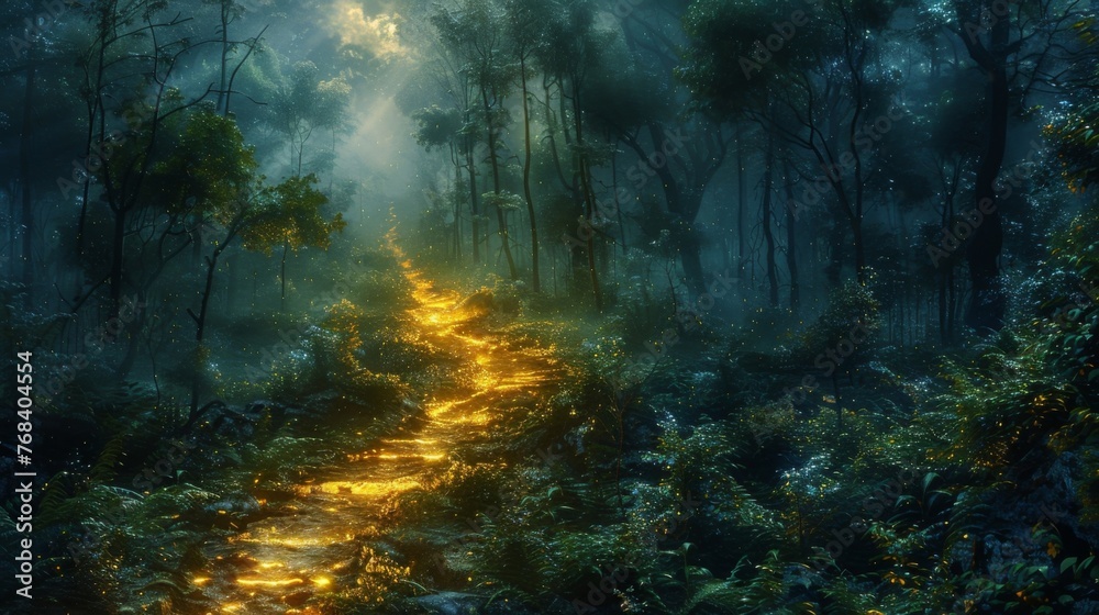 Amidst the darkness of the forest a luminous path emerges guiding the way towards a higher state of mind.