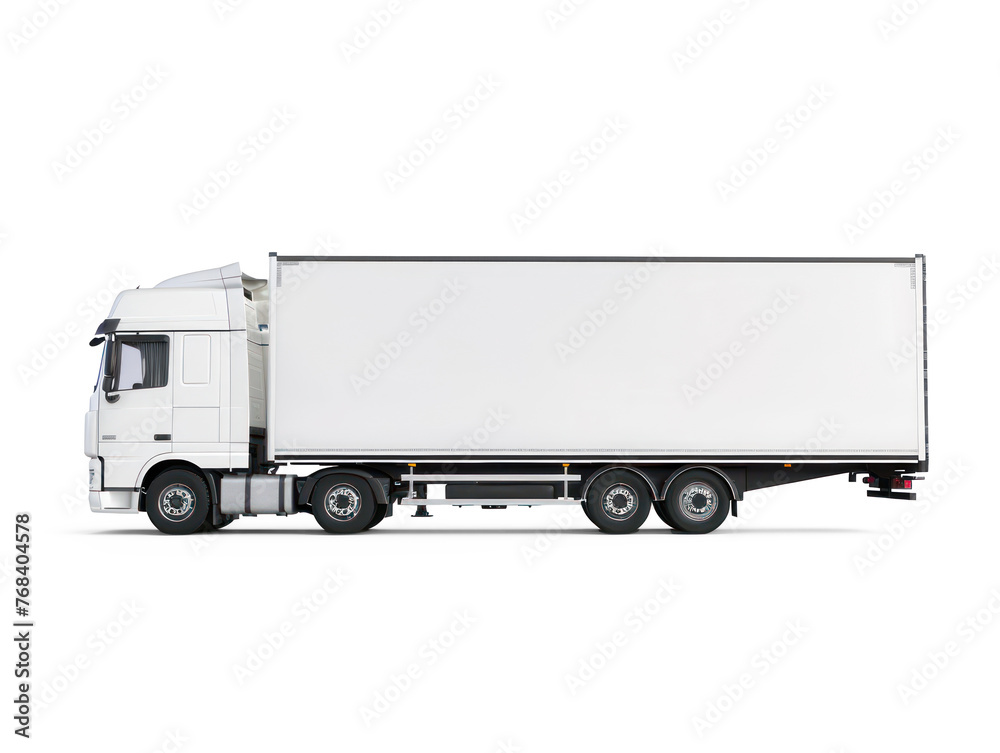 a european white trailer facing to the left, truck on transparency background PNG
