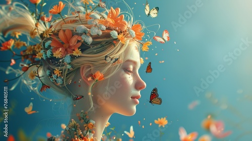 3d cartoon girl head with blonde hair and colorful flowers, butterflies flying out of her mouth, side view, on blue background