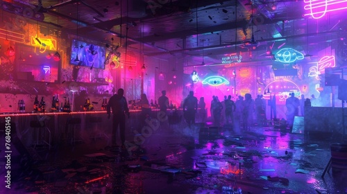 In a crowded club the walls are covered in peeling paint and broken mirrors but the dance floor is alive with neon lights of all colors. The music is loud and the air is hazy