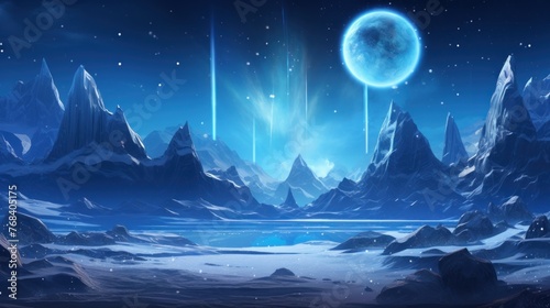  Illustrate an icy and alien planet with towering ice spires, frozen lakes, and an alien sky filled with unfamiliar constellations game art
