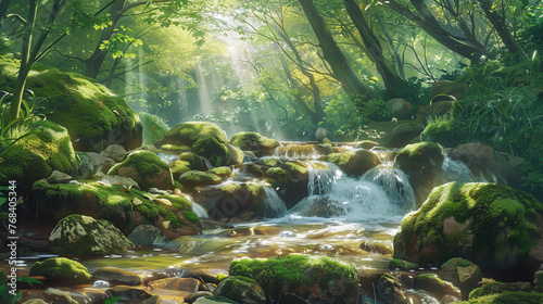 Soft morning sunlight pierces through mist revealing a serene forest stream surrounded by lush green moss and rocks