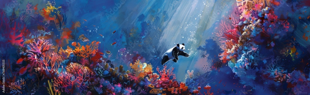 Watercolor painting of a panda, abstract underwater background. The giant panda's distinctive feature
 is the black fur around its eyes, ears, shoulders, and four legs. The rest consists of white fur. - obrazy, fototapety, plakaty 