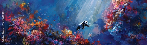 Watercolor painting of a panda, abstract underwater background. The giant panda's distinctive feature
 is the black fur around its eyes, ears, shoulders, and four legs. The rest consists of white fur.