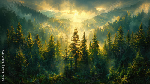 A dense forest of pine trees in the mountains, bathed by sunlight. Created with Ai