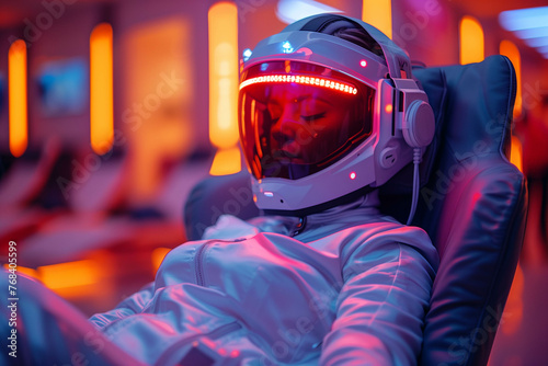 A lone player, fully absorbed in a virtual reality gambling experience, reclines in a high-tech chair, adorned with a futuristic VR helmet and suit against a neon-crimson backdrop. photo