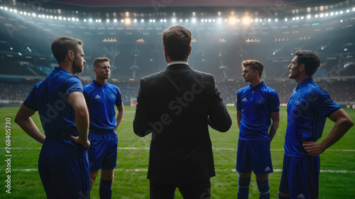 A soccer coach in a black suit, talking to his players wearing blue uniforms with white numbers on the chest and back standing at an empty stadium photo