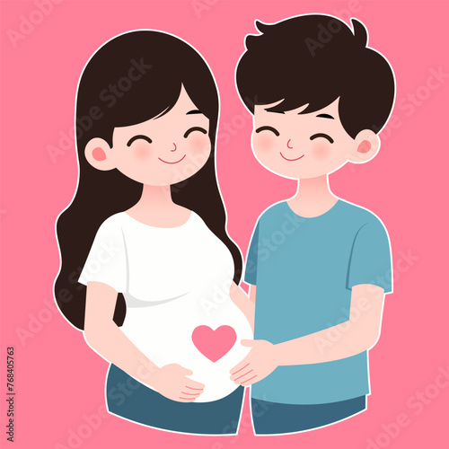 A pregnant wife embraces her husband as they prepare for parenthood, newborn child