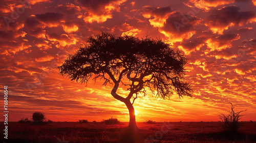 A breathtaking sunrise captured through the silhouette of an African acacia tree under a vibrant, fiery sky