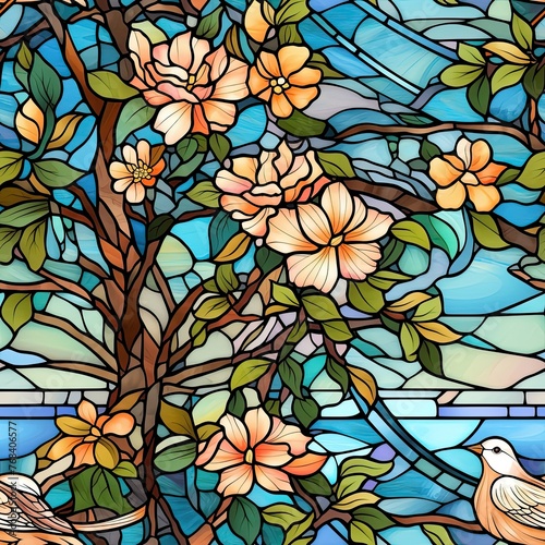 Stained glass window featuring flowers and leaves